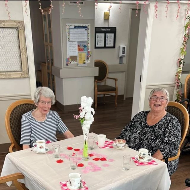 Seniors seated at a table together with flowers and tea